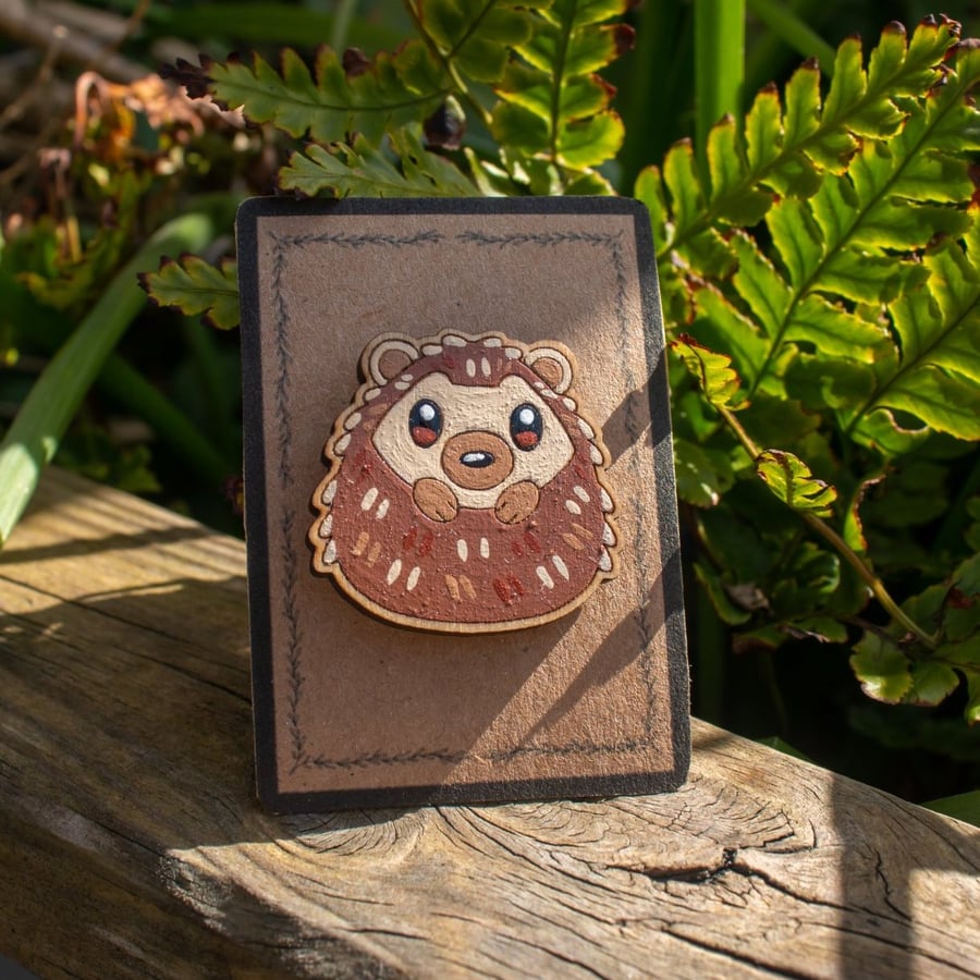 Hedgehog Pin Badge - Hand Painted Wooden Pin Badge