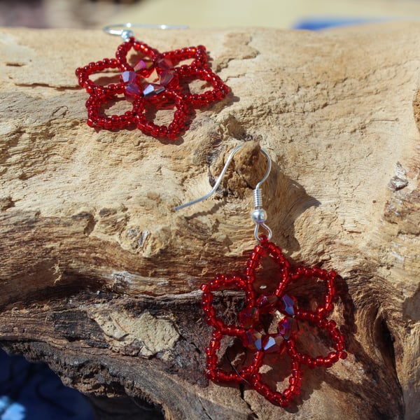 Red beaded flower earrings