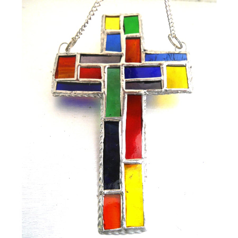 Cross Suncatcher Stained Glass Patchwork Rainbow Handmade 051