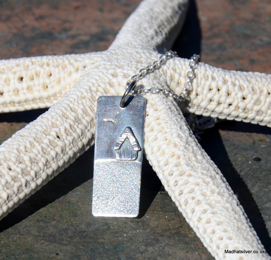 Silver beach pendant with beach hut, beach jewellery, coastal jewellery