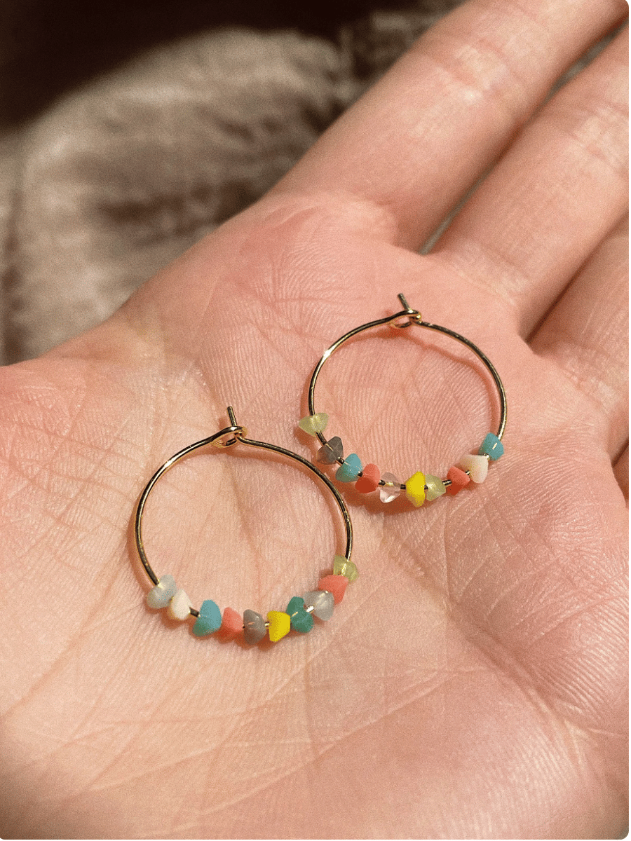 Handmade beaded hoop earrings, holiday earrings, summer jewellery, cute hoops