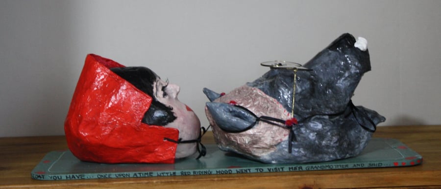 HANDMADE UNIQUE PAPER MACHE RED RIDING HOOD & GRANDMA (Wolf) on board, Folk Art 