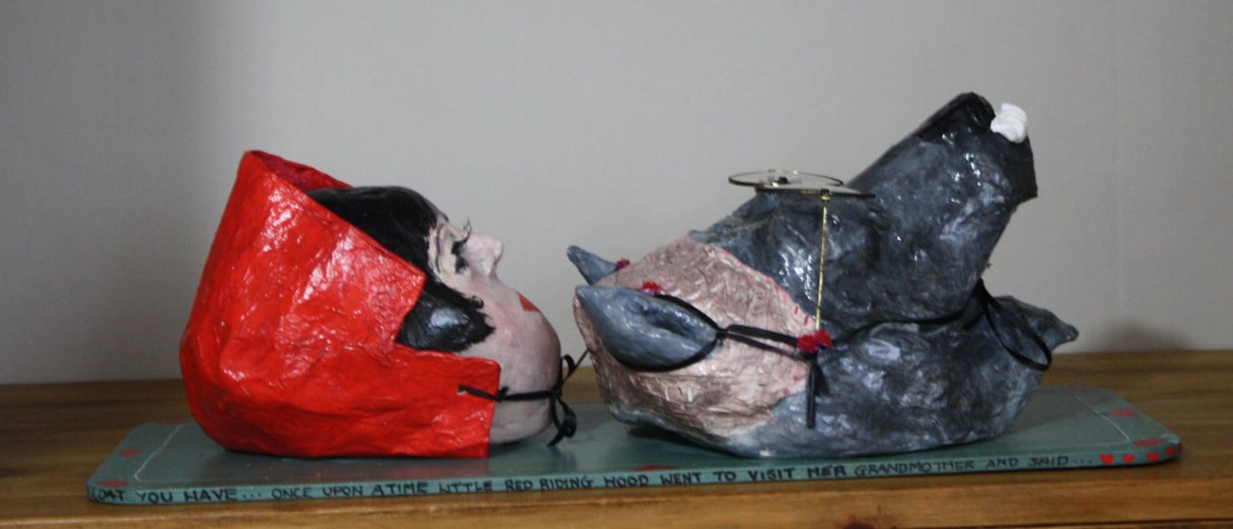 HANDMADE UNIQUE PAPER MACHE RED RIDING HOOD & GRANDMA (Wolf) on board, Folk Art 