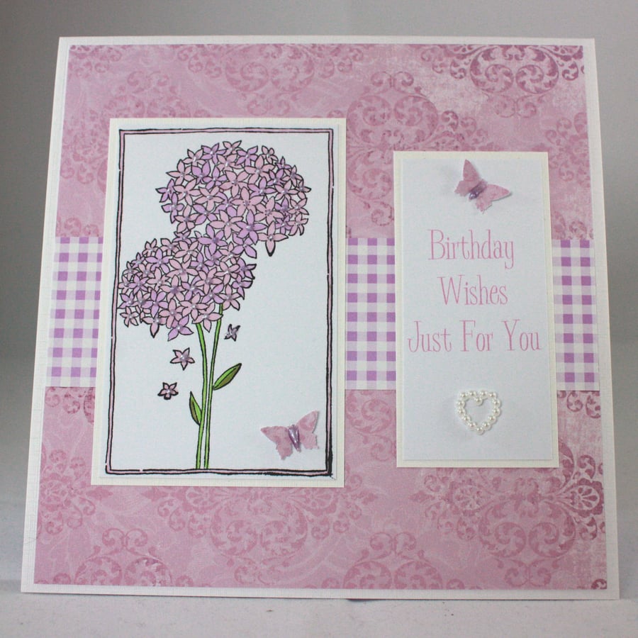 Handmade birthday card - pink alliums