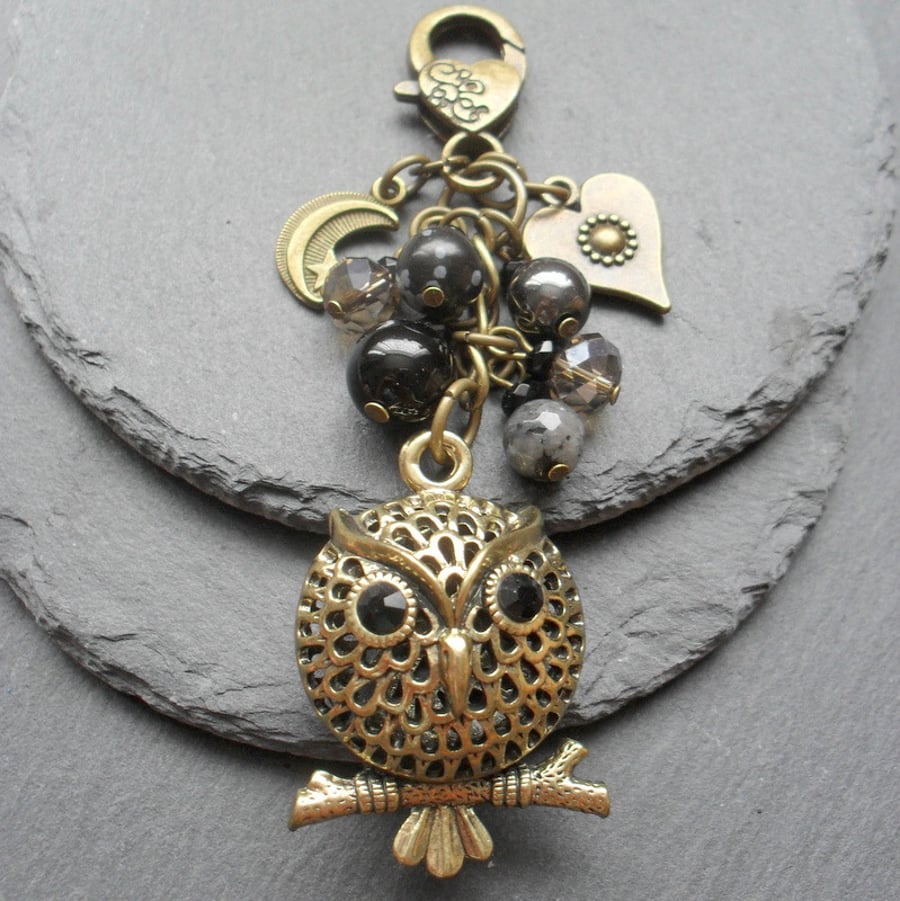 Bronze Tone Owl Bag Charm with Semi Precious Gemstones and crystals