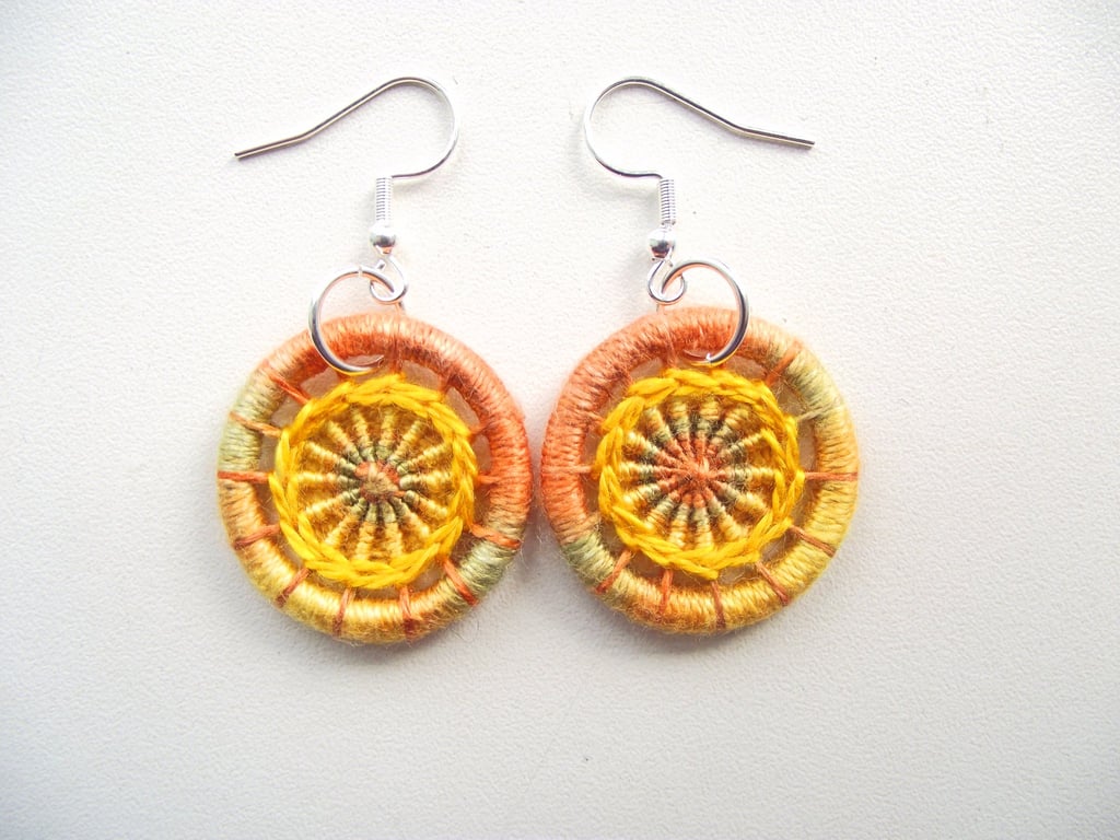 Dorset Button Earrings, Gold, Yellow, Green, Silk