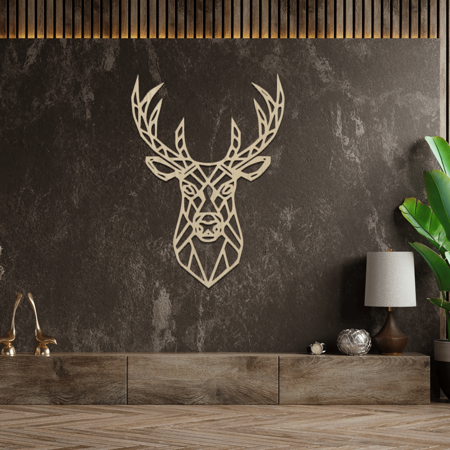 Geometric Deer Head Wall Art, Wooden Decor for Modern Home, Unique Gift