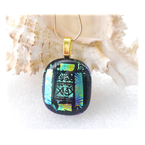 Black Dichroic Glass Pendant 143 Green Etched with gold plated chain