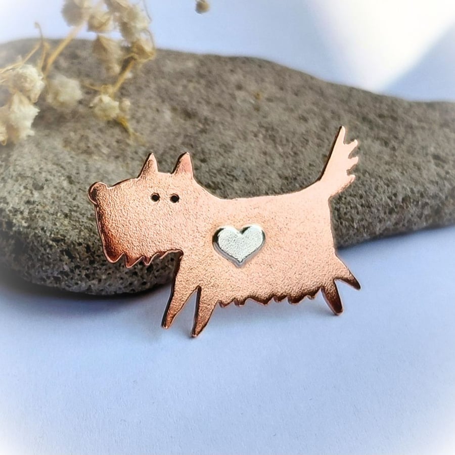 Terrier Dog Pin Brooch - Copper and Sterling Silver