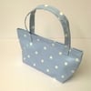 Small Oilcloth tote bag, Pale blue with white spots,lunch bag, velcro closure