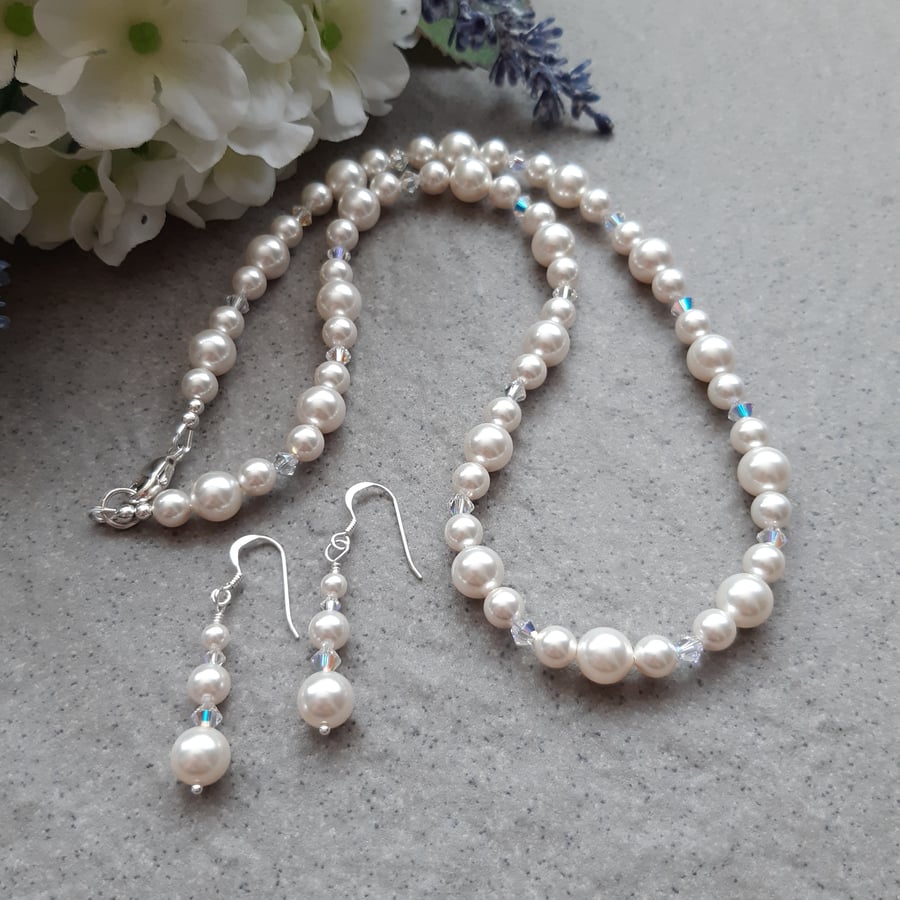  Pearls and Crystal Necklace and Earrings Sterling Silver 