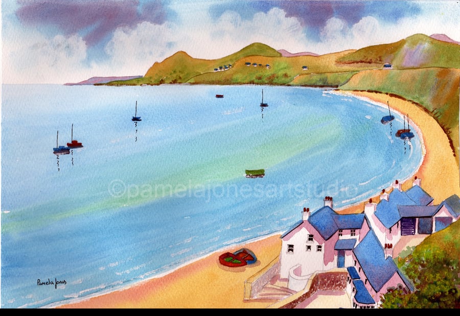 Morfa Nefyn Beach, North Wales, Watercolour Print, in 8 x 6'' mount