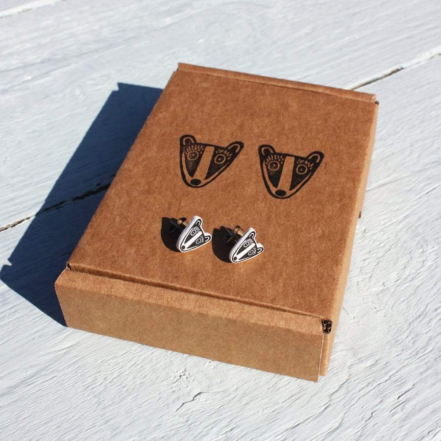 Badger earrings,  shrink plastic jewellery