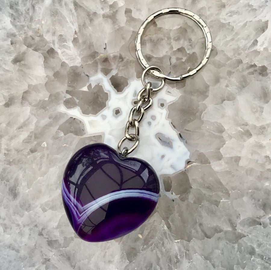 Purple Heart!  Purple Agate Cushion Gemstone Heart Keyring or Handbag Charm.