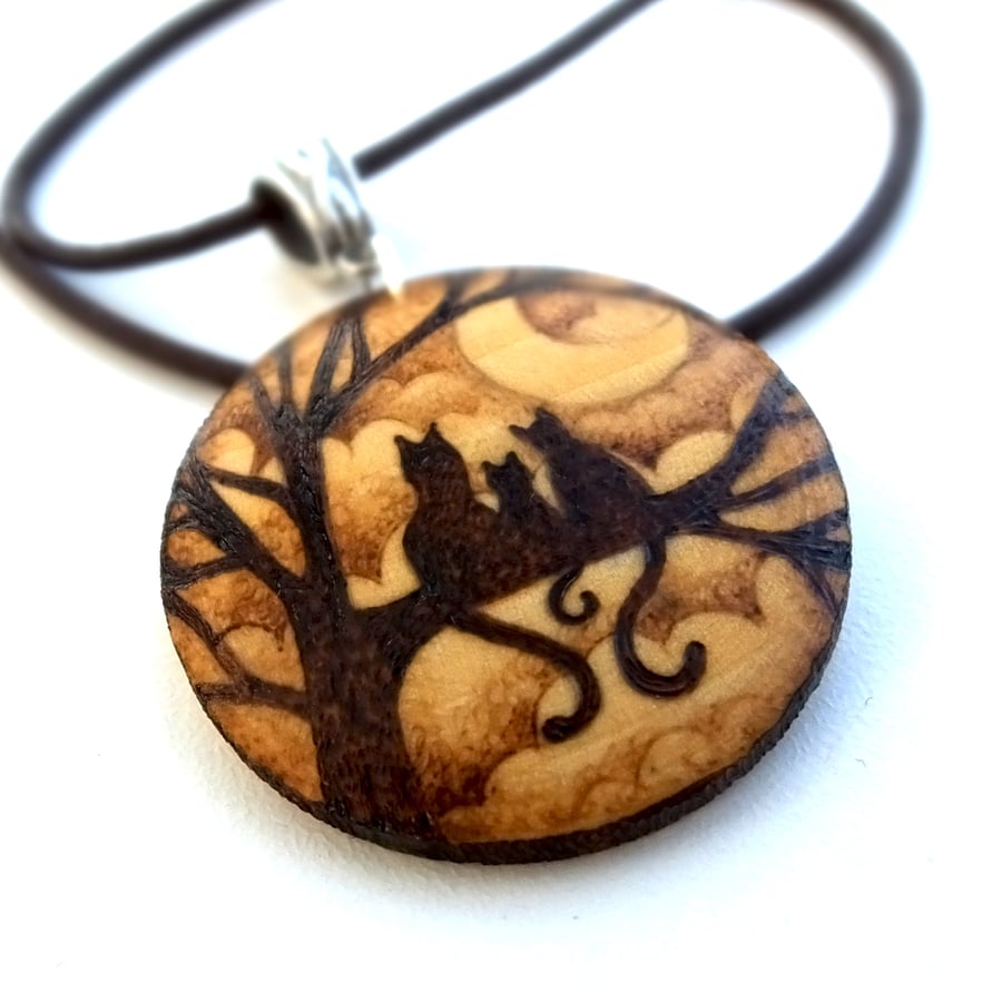 Feline Family Cats in a Tree Wooden Pyrography Pendant Necklace