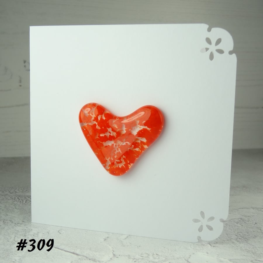 Handcrafted orange-red speckled heart fused glass blank card (309)