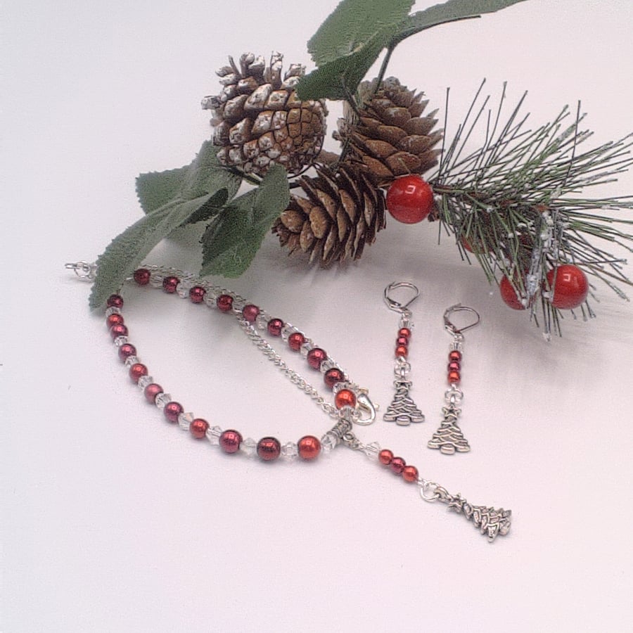 Pearl & Crystal Necklace and Earrings with Christmas Tree Charms, Christmas 2025