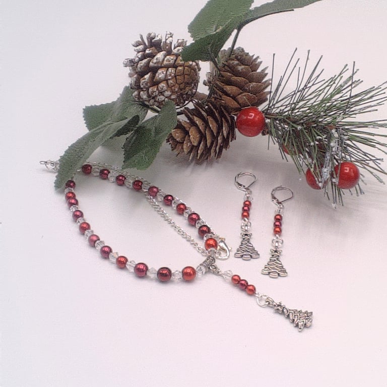 Pearl & Crystal Necklace and Earrings with Christmas Tree Charms, Christmas 2025
