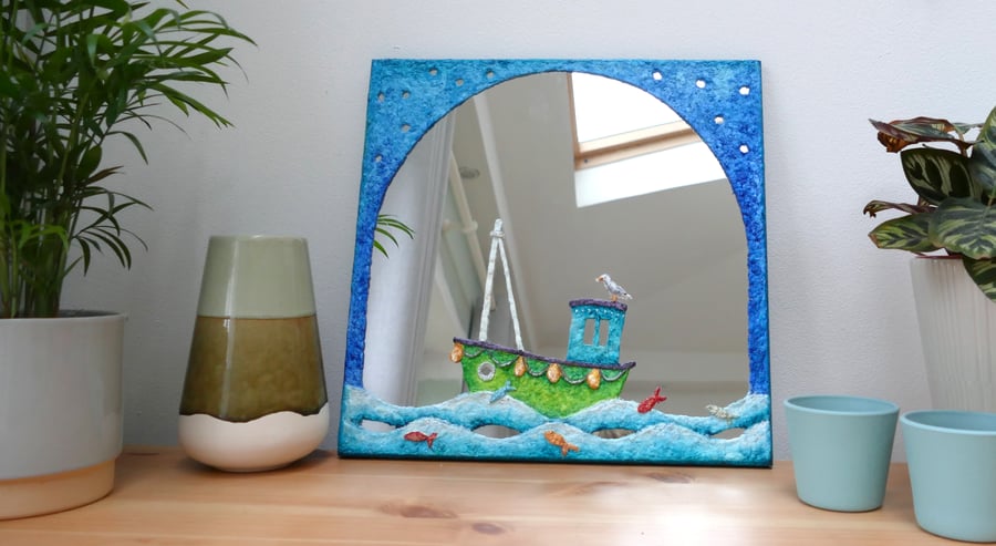 Green fishing boat with leaping under the stars