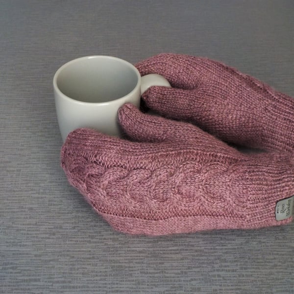 British wool mittens soft pink hand knitted Y-cable design gloves