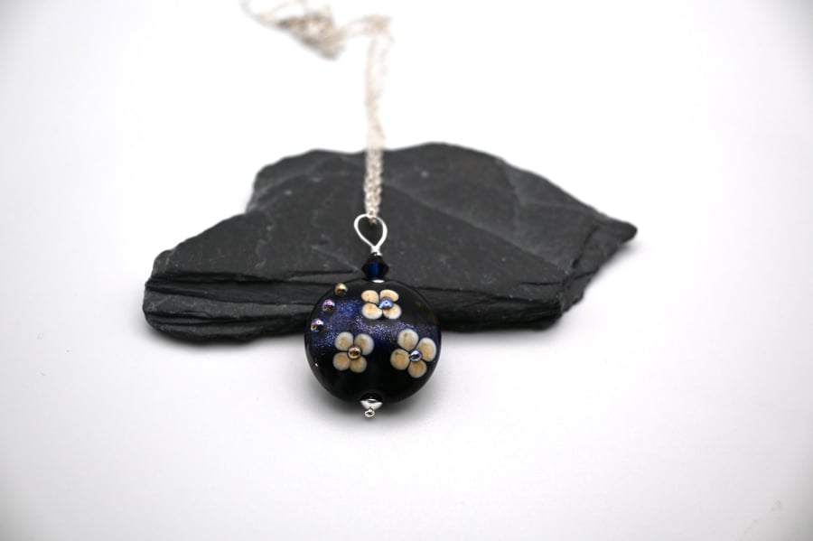 lampwork glass blue goldstone flower pendant necklace
