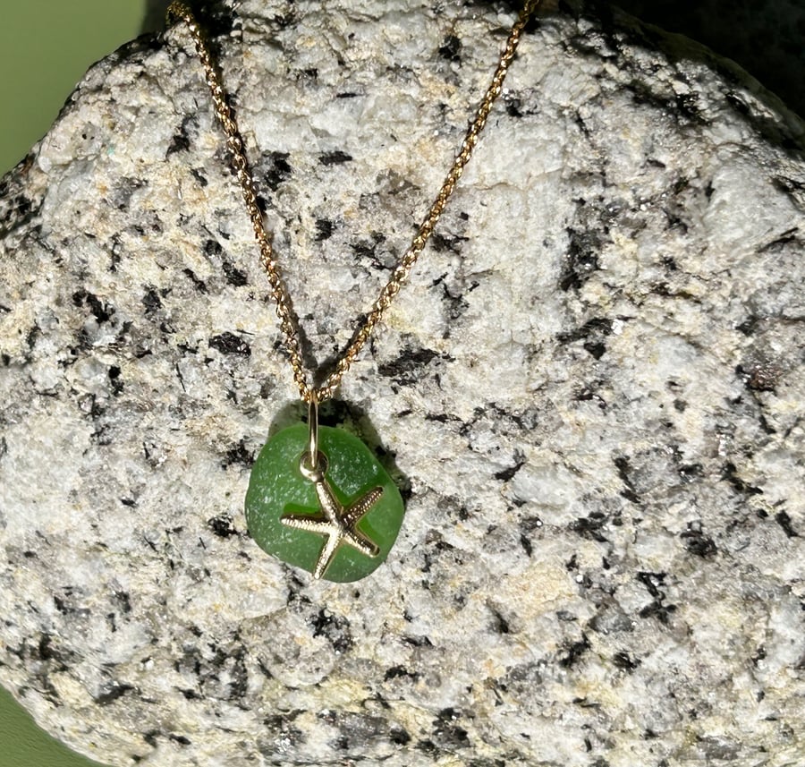 green seaglass and starfish gold filled necklace