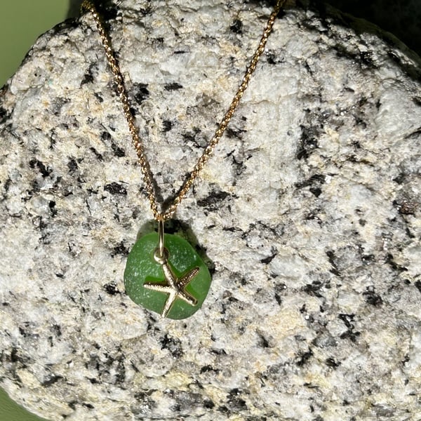 green seaglass and starfish gold filled necklace