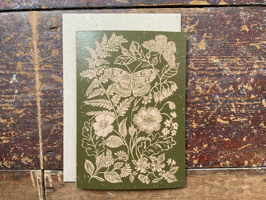 Linocut print card 'Fern, Butterfly and Wild Flower'
