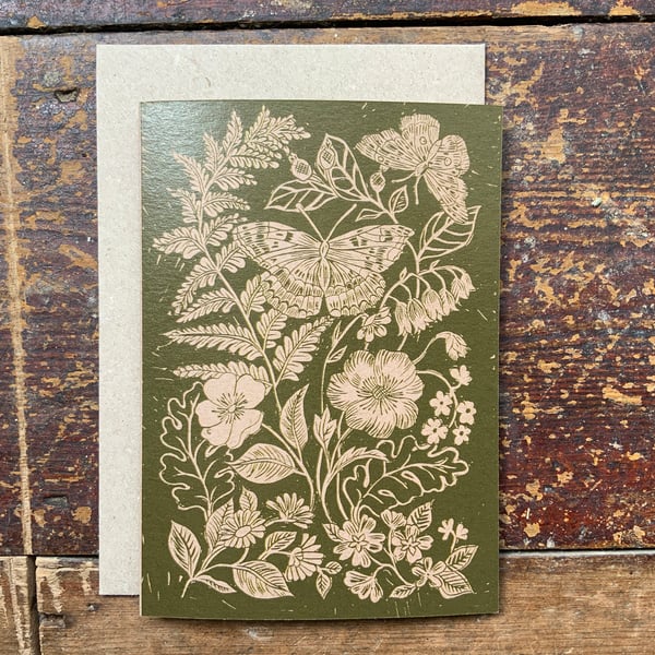 Linocut print card 'Fern, Butterfly and Wild Flower'