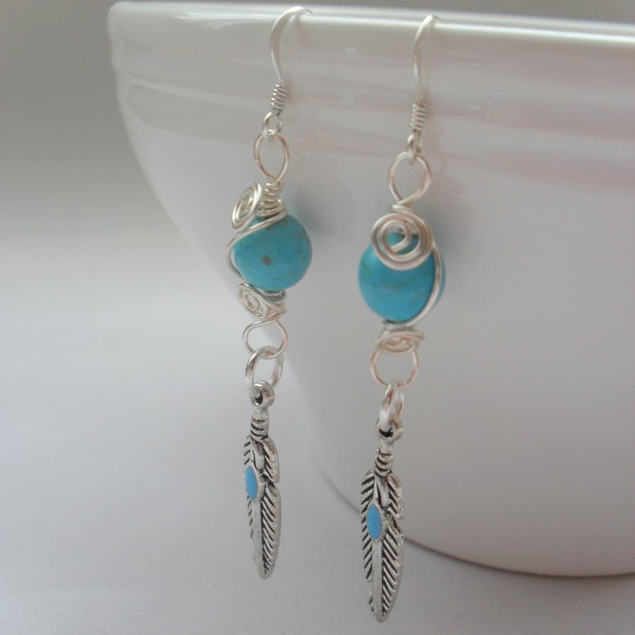 Feather Dangle Earrings With Blue Stone Beads