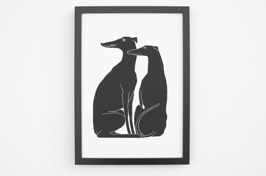Handmade Lino Print Two Sighthounds Greyhound Dog Art