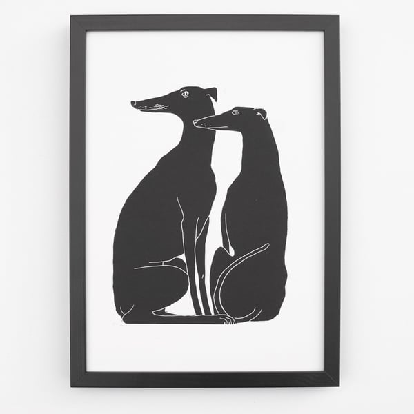 Handmade Lino Print Two Sighthounds Greyhound Dog Art