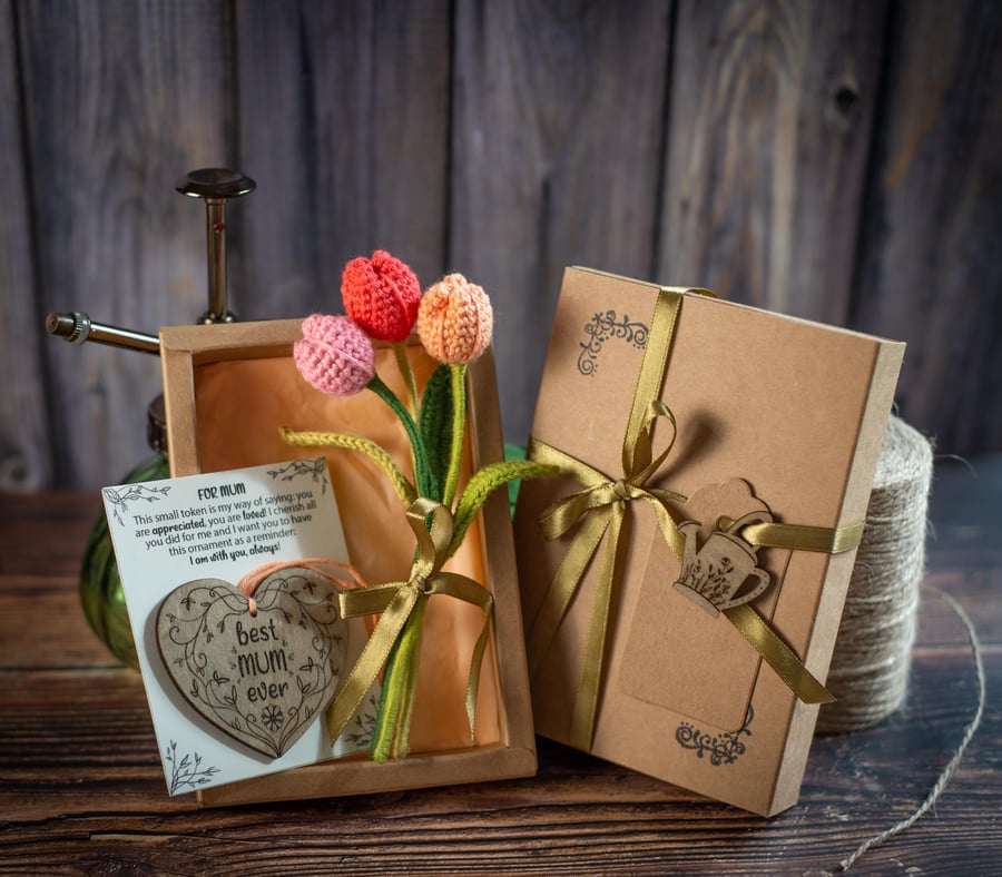 Mother's Birthday Gift Bundle (Wooden Ornament and Crochet Tulips)