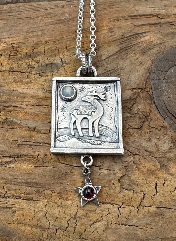 Pictish Stag Pendant with Moonstone and Garnet