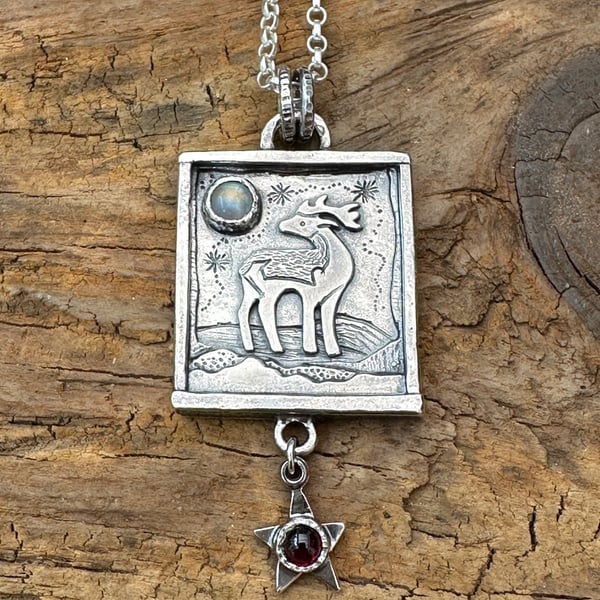 Pictish Stag Pendant with Moonstone and Garnet