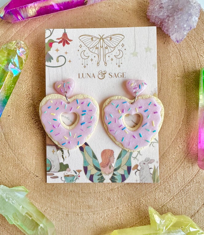 Handmade Cute Heart Iced Biscuit doughnut with sprinkles Polymer Clay Earrings