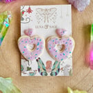 Handmade Cute Heart Iced Biscuit doughnut with sprinkles Polymer Clay Earrings