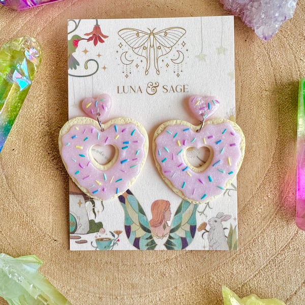 Handmade Cute Heart Iced Biscuit doughnut with sprinkles Polymer Clay Earrings