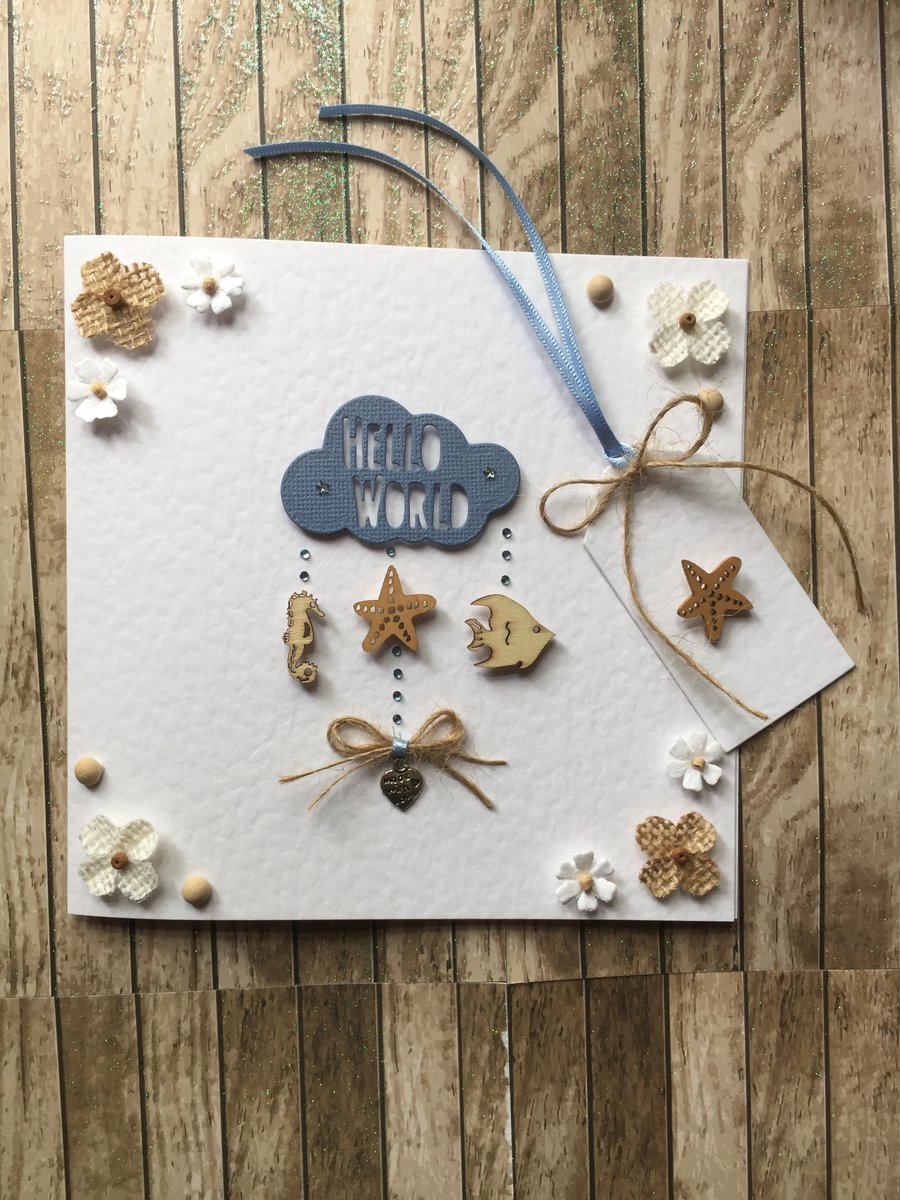 New Baby boy keepsake card and gift tag,  mobile card, Wood card