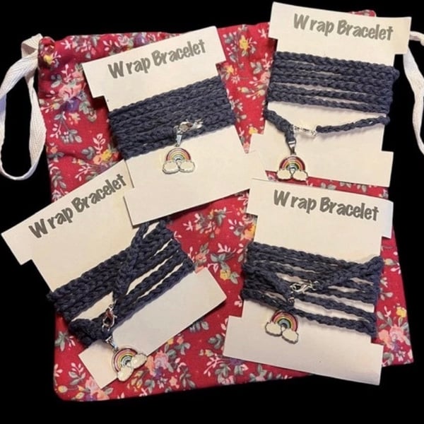 Set of 4 Rainbow Charm Boho Wrap Bracelets with Bag