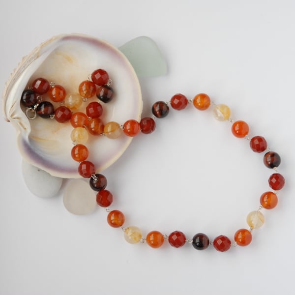 SALE - Autumnal agate and tigers eye sterling silver beaded necklace