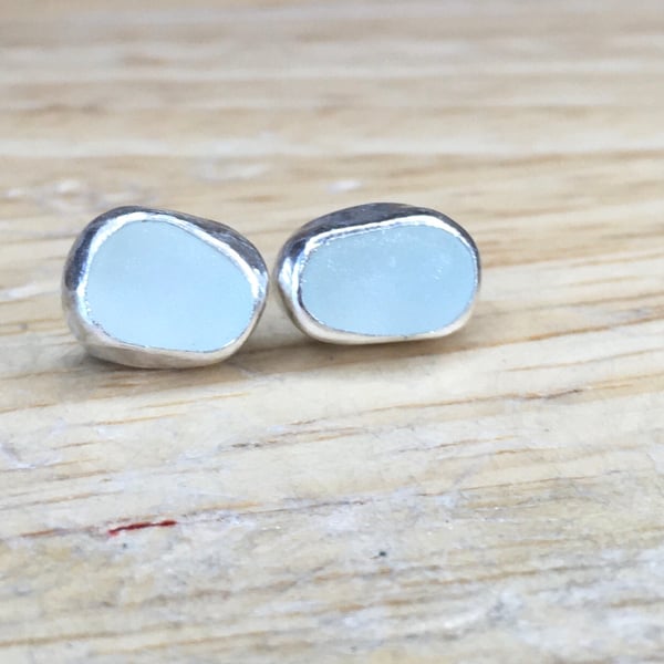 Handmade Fine & Sterling Silver Stud Earrings With Seafoam Blue Seaham Sea Glass