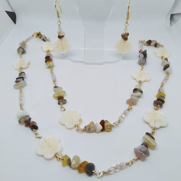 Botswana Agate & Carved Shell Flowers Longline Overhead Necklace & Earring Set