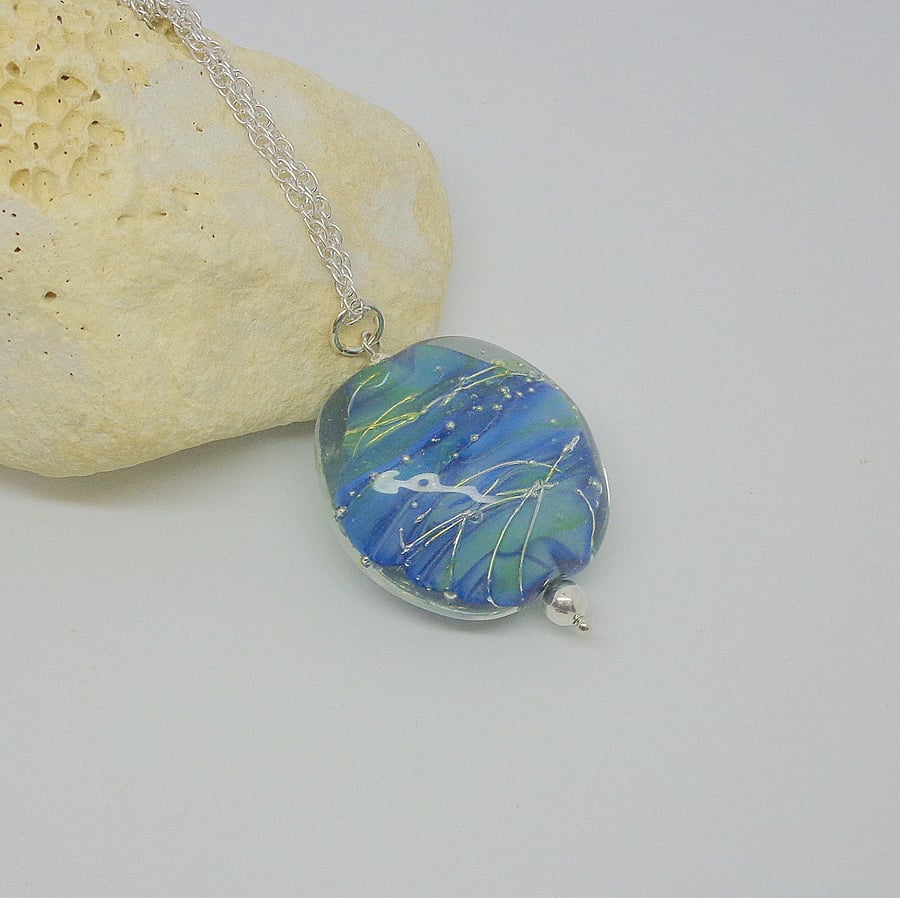 Lampwork glass bead pendant in misty blues & greens with silver on fancy chain