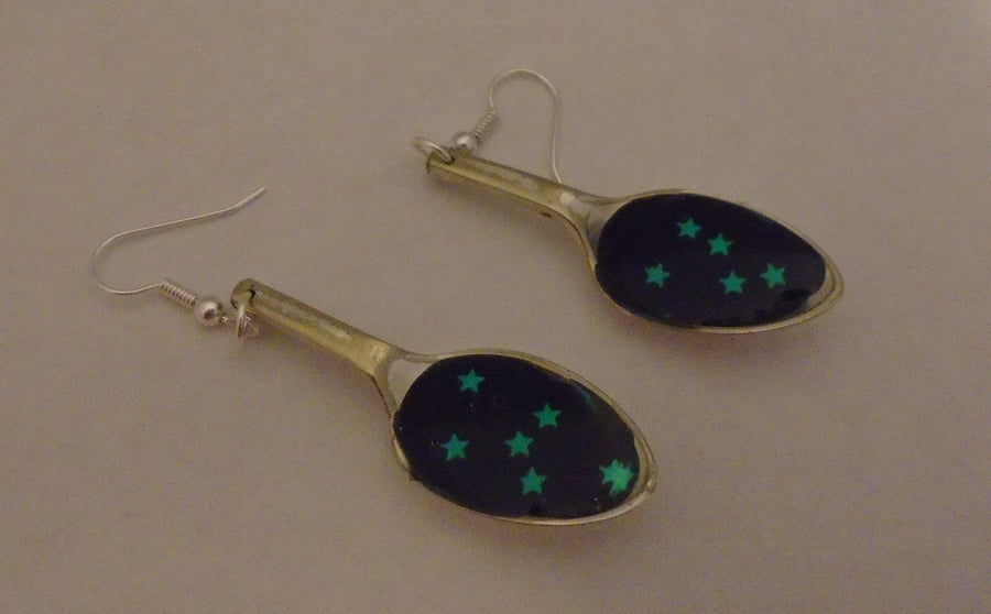 Upcycled Silver Plated Glow In The Dark Star Sugar Tong Spoon Earrings SPE082001