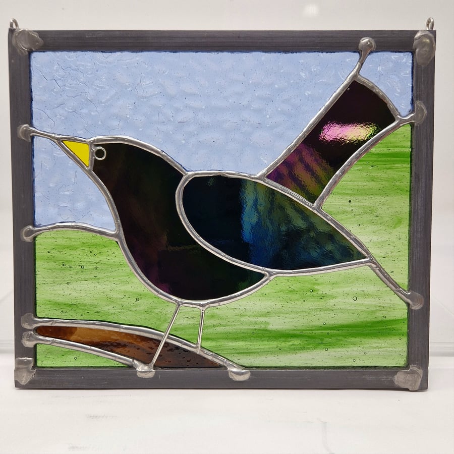 Stained glass garden blackbird copper foil and lead panel 