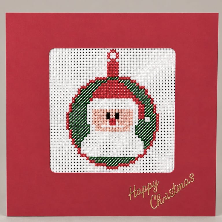 Handmade Cross Stitch Santa in Bauble Christmas Card – Red – 5 x 5 Inch