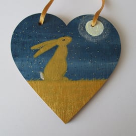 Bunny Rabbit Hanging Decoration Hand Painted Wooden Heart Golden Hare Bunny 005