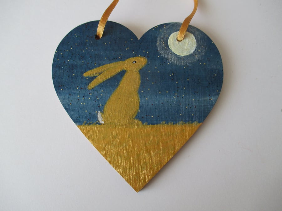Bunny Rabbit Hanging Decoration Hand Painted Wooden Heart Golden Hare Bunny 005