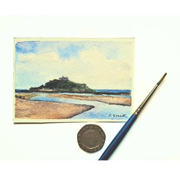 Original ACEO Miniature Watercolour Painting St Michaels Mount Marazion Cornwall